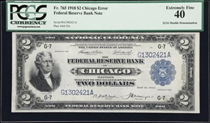 image for: Fr. 765. 1918 $2/$1 Federal Reserve Note. Chicago. PCGS Banknote Extremely Fine 40. Dual Denomination Error.