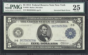 image for: Fr. 848. 1914 $5 Federal Reserve Note. New York. PMG Very Fine 25. Inverted Back Error.