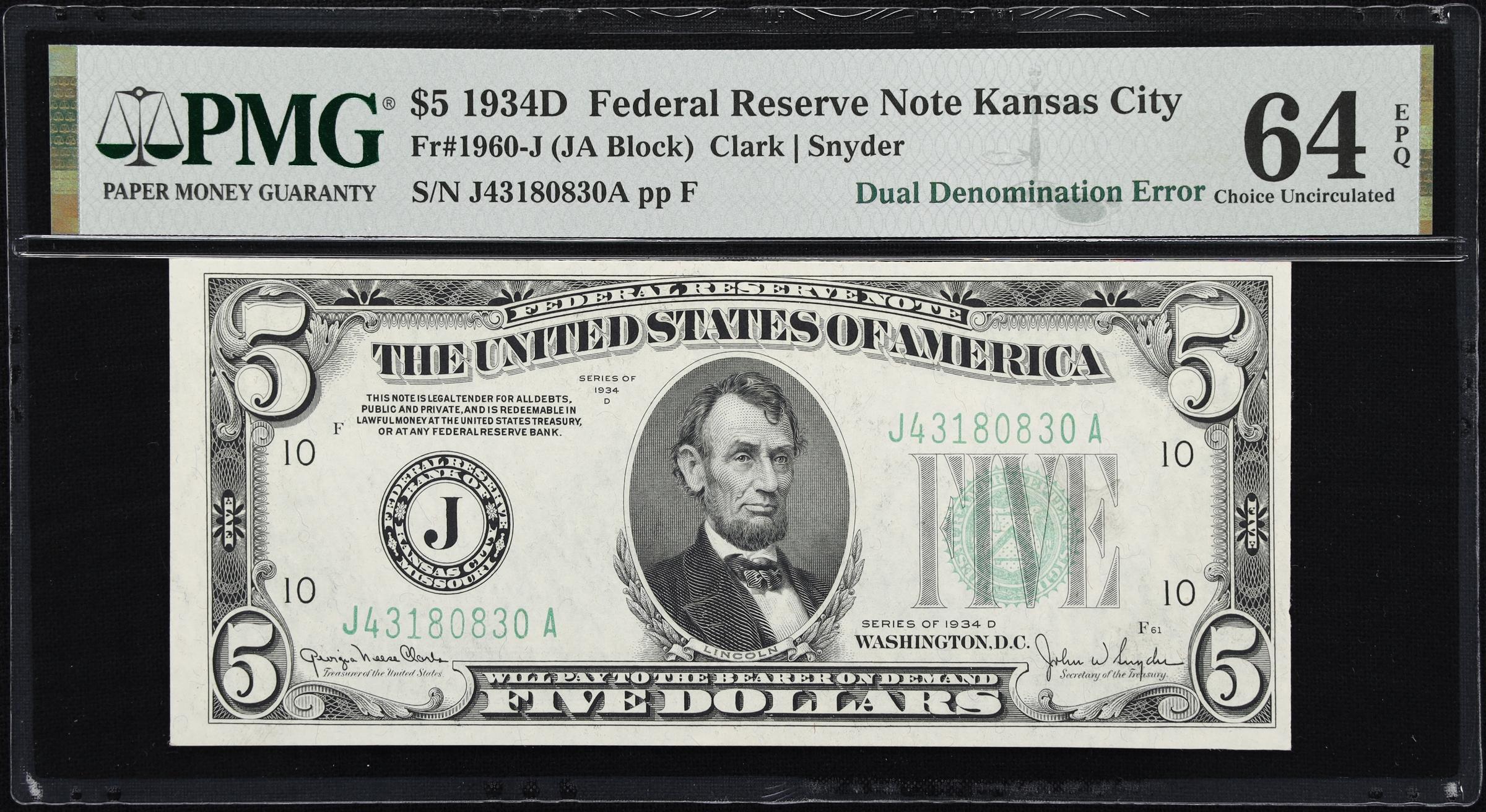 image for: Fr. 1960-J. 1934D $5 Federal Reserve Note. Kansas City. PMG Choice Uncirculated 64 EPQ. Dual Denomination Error.