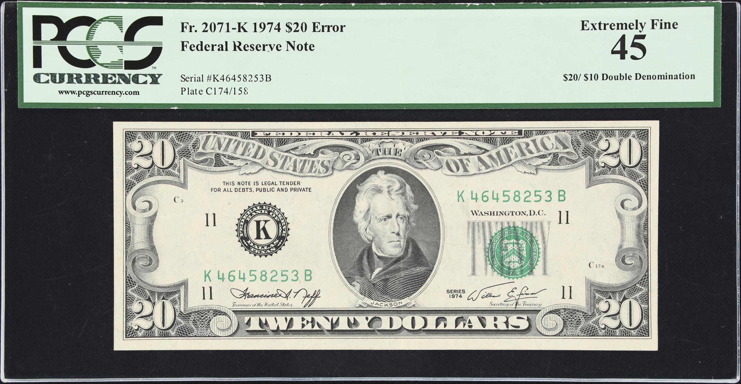 image for: Fr. 2071-K. 1974 Error $20/$10 Federal Reserve Note. Dallas. PCGS Banknote Extremely Fine 45. Dual Denomination Error.