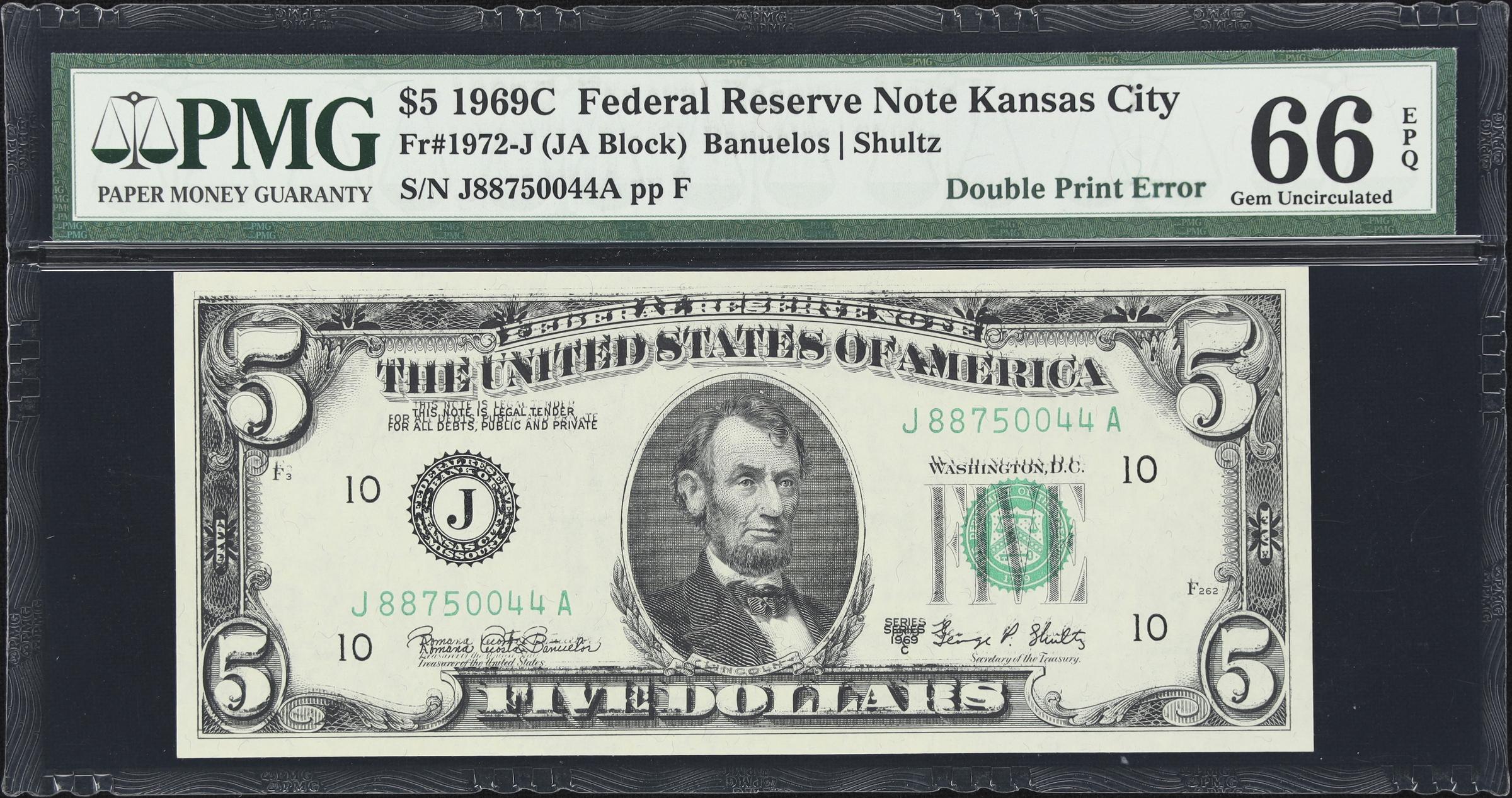 image for: Fr. 1972-J. 1969C $5 Federal Reserve Note. Kansas City. PMG Gem Uncirculated 66 EPQ. Double Print Error.