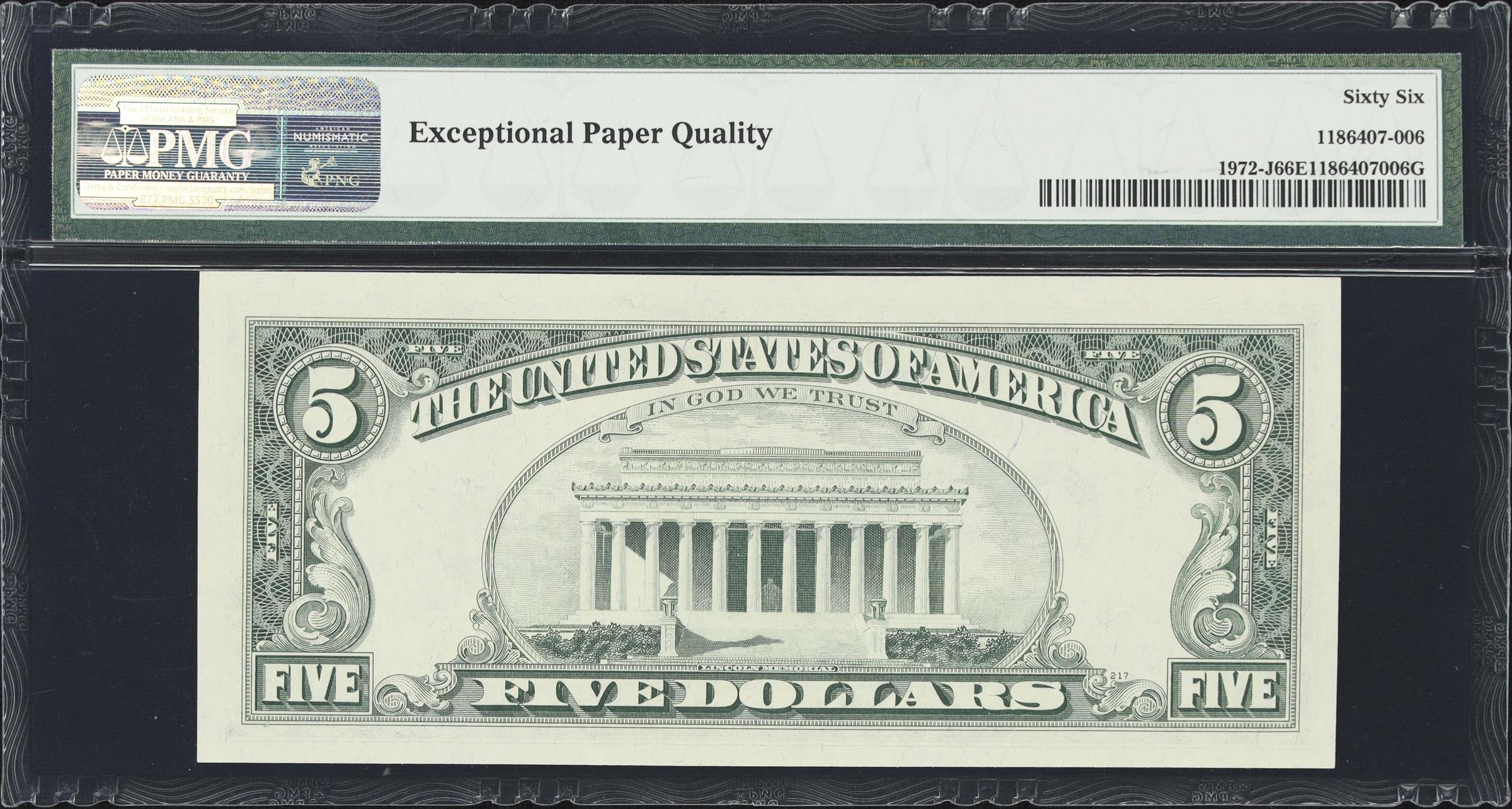 image for: Fr. 1972-J. 1969C $5 Federal Reserve Note. Kansas City. PMG Gem Uncirculated 66 EPQ. Double Print Error.
