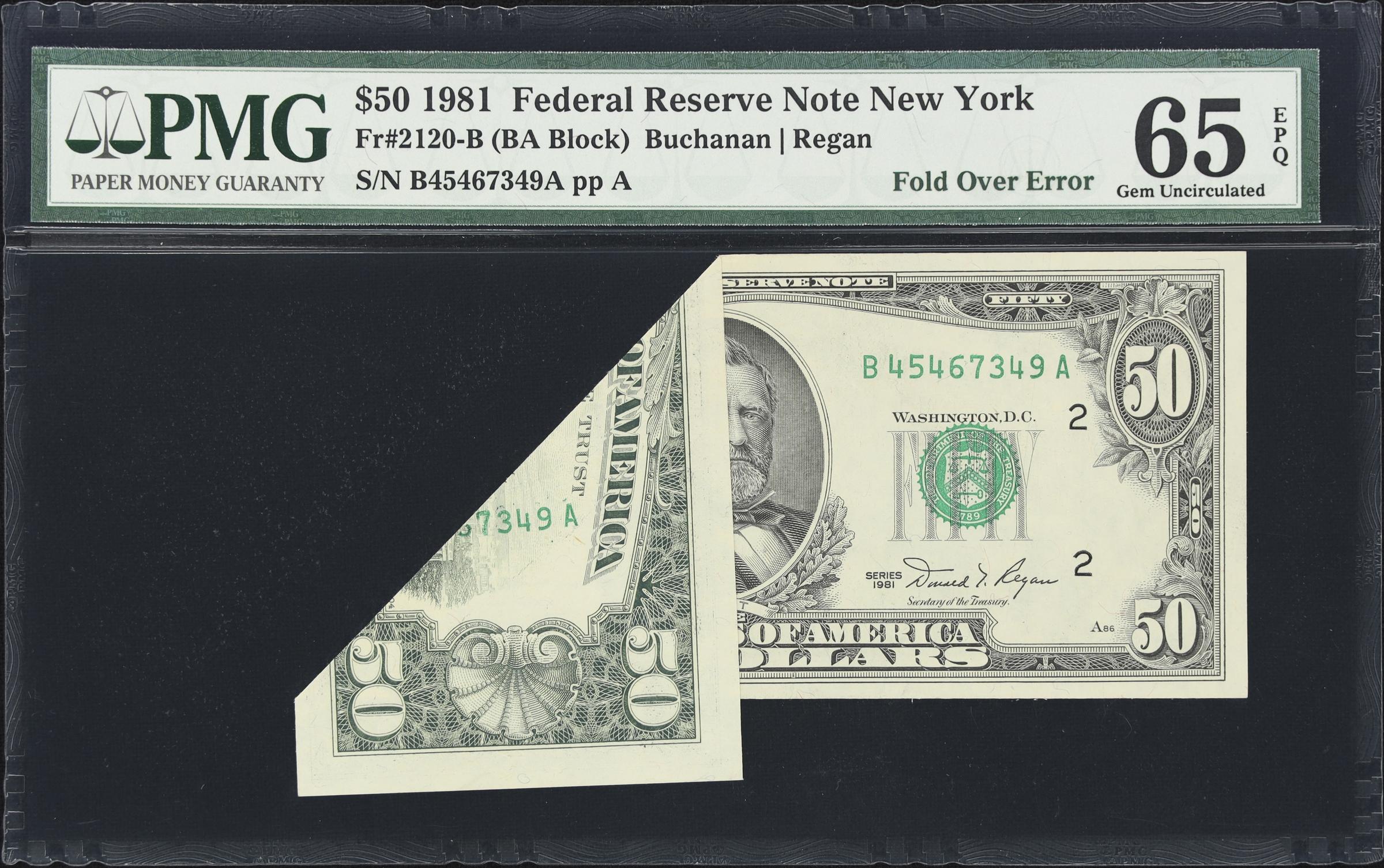 image for: Fr. 2120-B. 1981 $50 Federal Reserve Note. New York. PMG Gem Uncirculated 65 EPQ. Foldover Error.