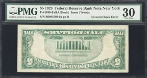 image for: Fr. 1850-B. 1929 $5 Federal Reserve Bank Note. New York. PMG Very Fine 30. Inverted Back Error.