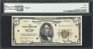 image for: Fr. 1850-B. 1929 $5 Federal Reserve Bank Note. New York. PMG Very Fine 30. Inverted Back Error.