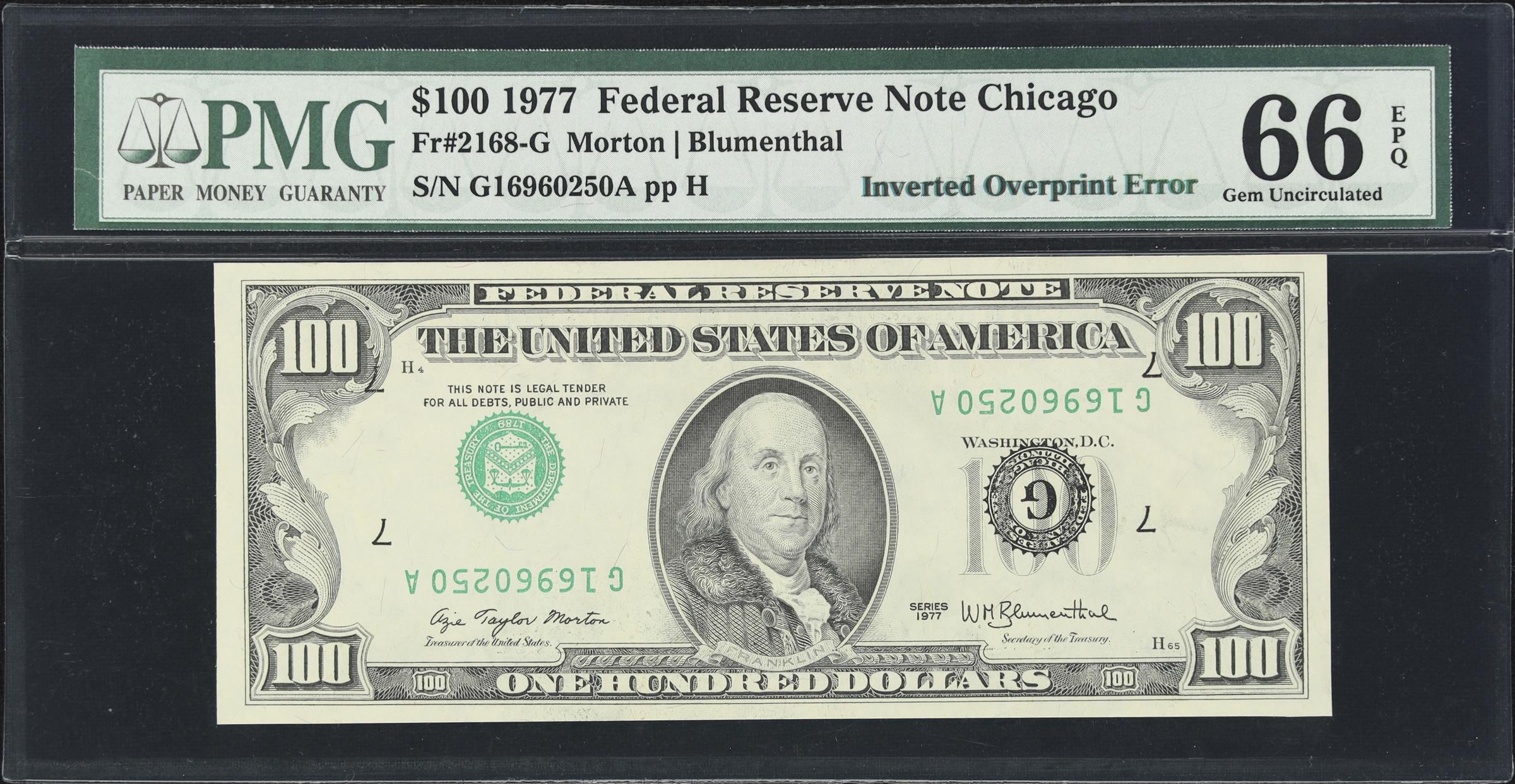 image for: Fr. 2168-G. 1977 $100 Federal Reserve Note. Chicago. PMG Gem Uncirculated 66 EPQ. Inverted Overprint Error.