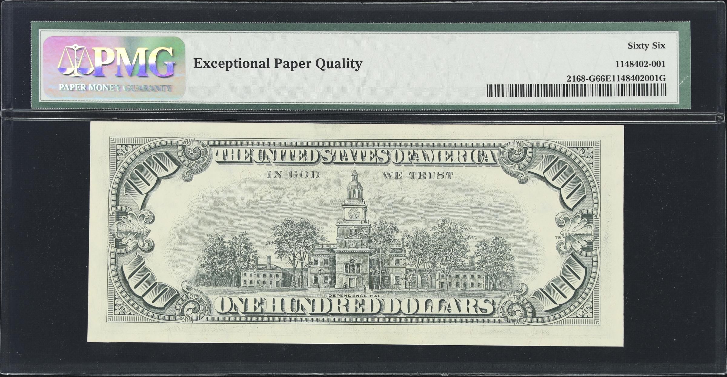 image for: Fr. 2168-G. 1977 $100 Federal Reserve Note. Chicago. PMG Gem Uncirculated 66 EPQ. Inverted Overprint Error.