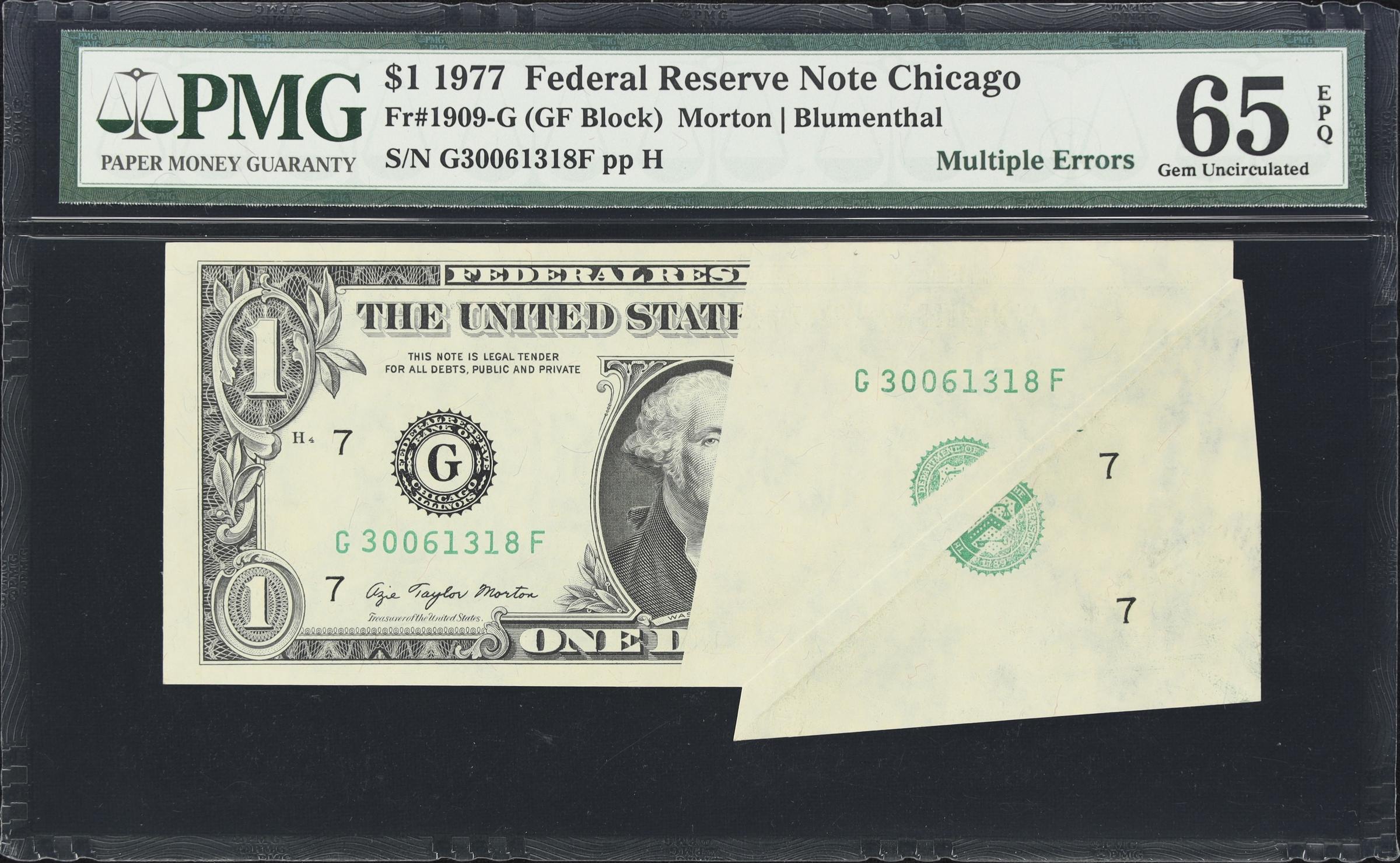 image for: Fr. 1909-G. 1977 $1 Federal Reserve Note. Chicago. PMG Gem Uncirculated 65 EPQ. Fold Over & Gutter Fold Errors.