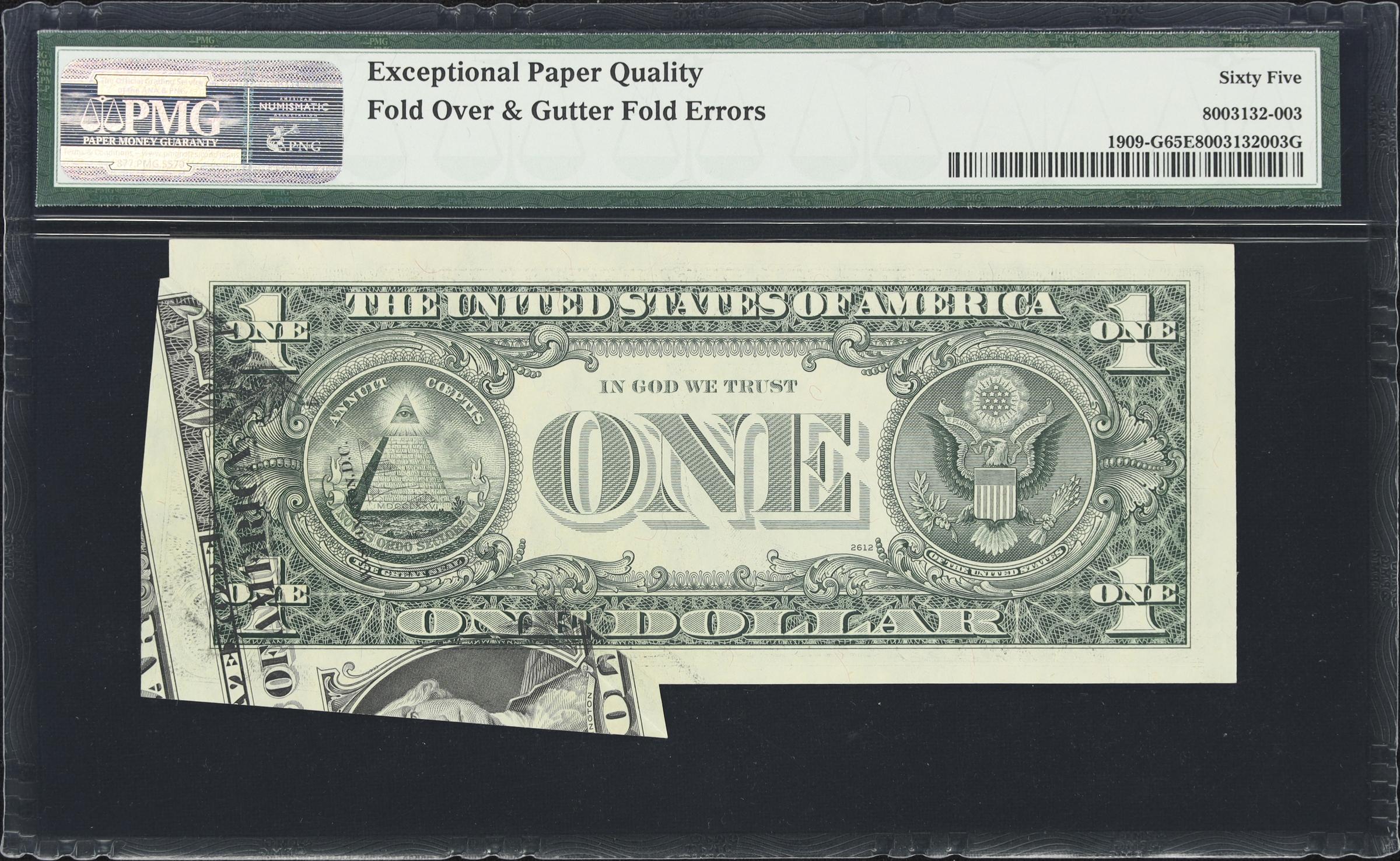 image for: Fr. 1909-G. 1977 $1 Federal Reserve Note. Chicago. PMG Gem Uncirculated 65 EPQ. Fold Over & Gutter Fold Errors.