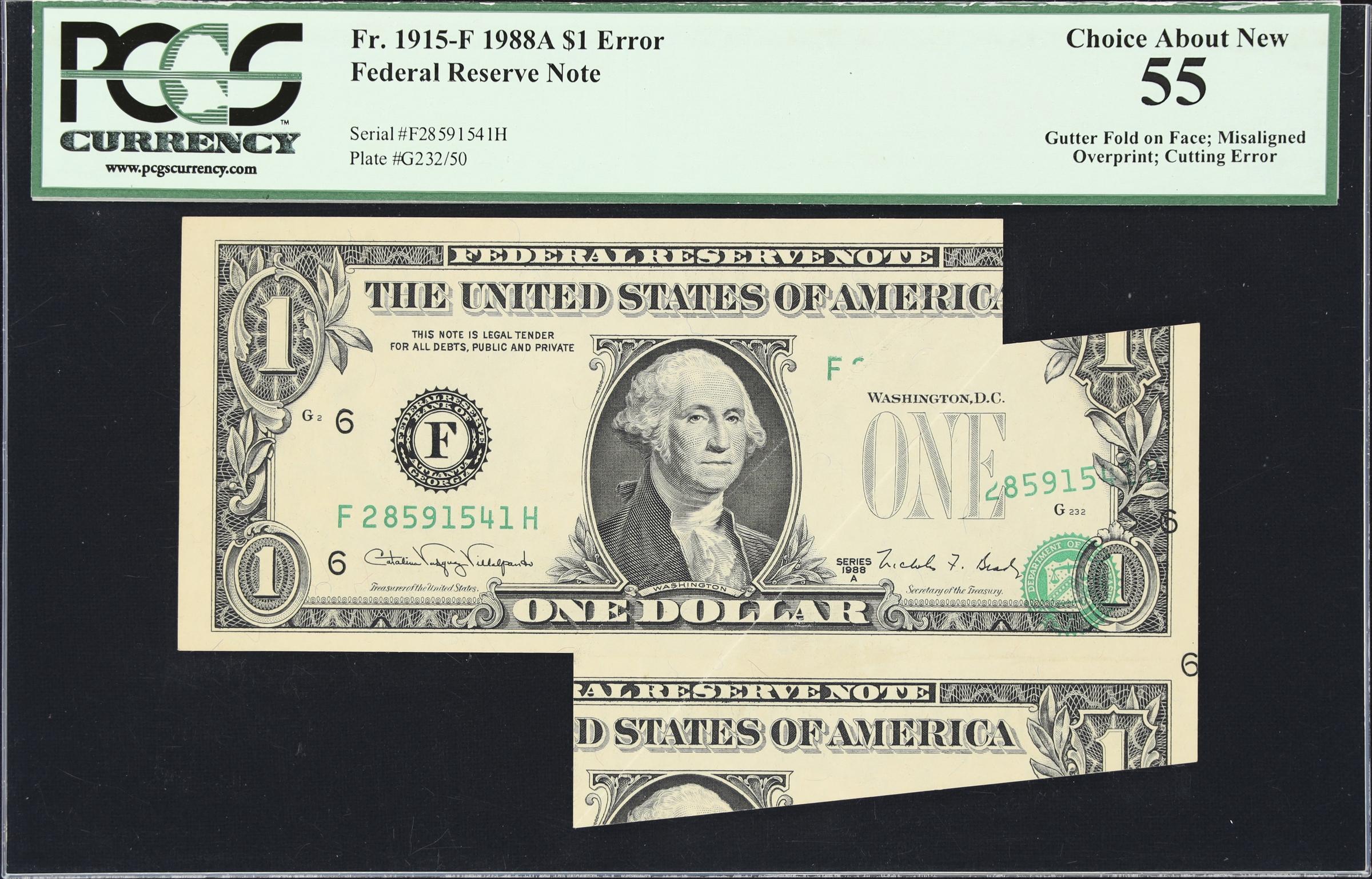 image for: Fr. 1915-F. 1988A $1 Federal Reserve Note. Atlanta. PCGS Currency Choice About New 55. Gutter Fold on Face; Misaligned Overprint; Cutting Error.