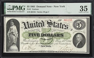 image for: Fr. 1. 1861 $5 Demand Note. PMG Choice Very Fine 35.