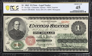 image for: Fr. 16a. 1862 $1 Legal Tender Note. PCGS Banknote Choice Extremely Fine 45.