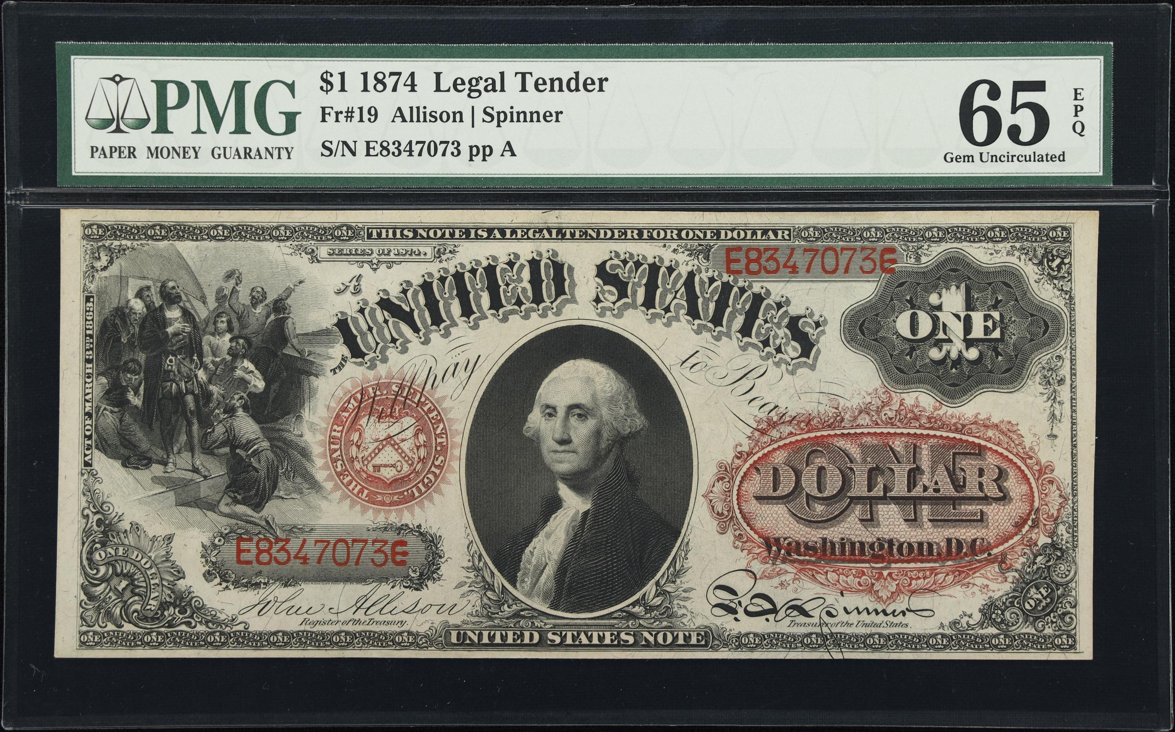 image for: Fr. 19. 1874 $1 Legal Tender Note. PMG Gem Uncirculated 65 EPQ.