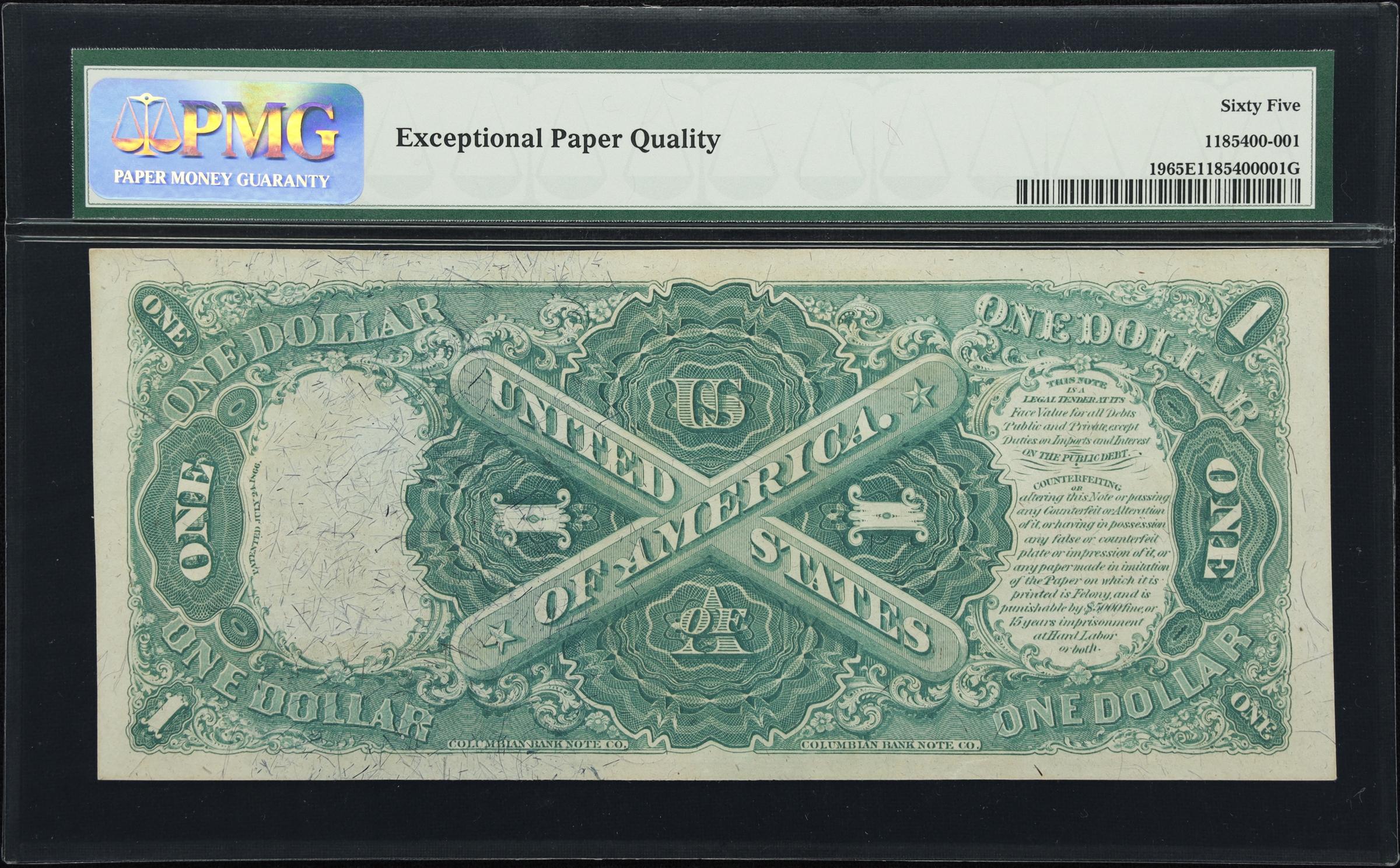 image for: Fr. 19. 1874 $1 Legal Tender Note. PMG Gem Uncirculated 65 EPQ.