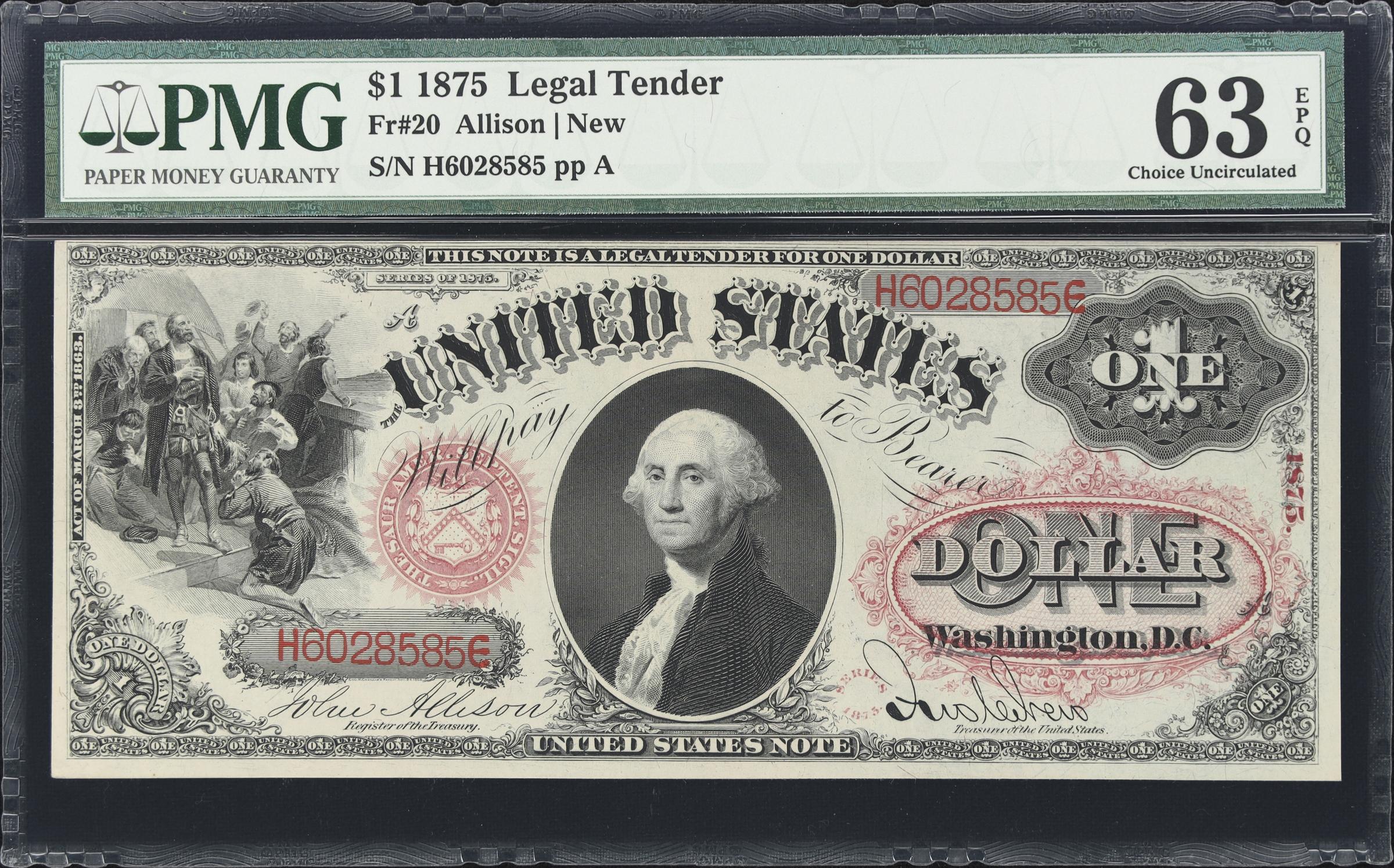 image for: Fr. 20. 1875 $1 Legal Tender Note. PMG Choice Uncirculated 63 EPQ.