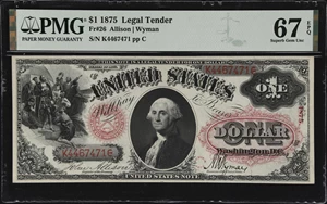image for: Fr. 26. 1875 $1 Legal Tender Note. PMG Superb Gem Uncirculated 67 EPQ.