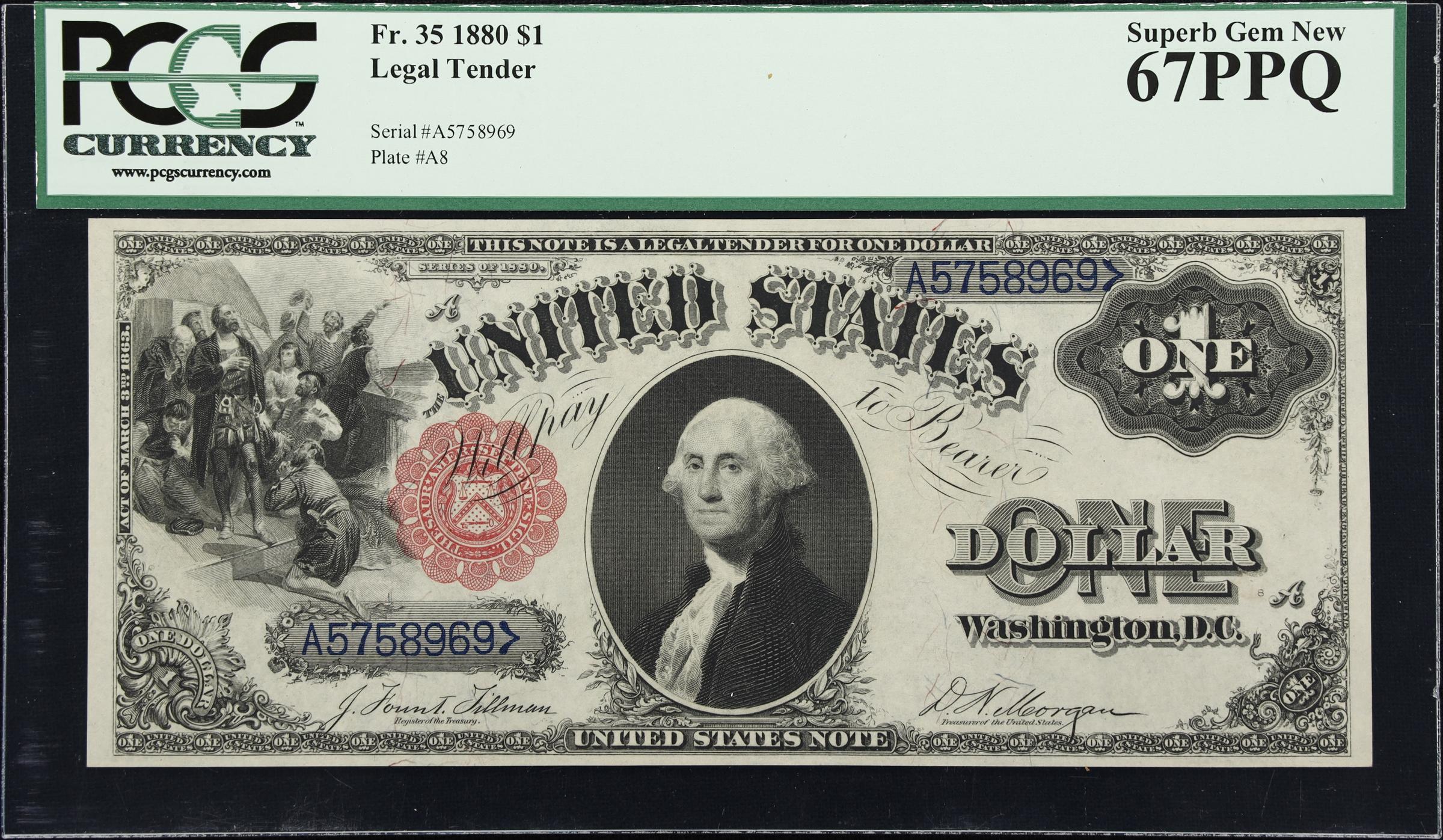 image for: Fr. 35. 1880 $1 Legal Tender Note. PCGS Banknote Superb Gem New 67 PPQ.