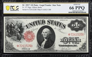 image for: Fr. 37*. 1917 $1 Legal Tender Star Note. PCGS Banknote Gem Uncirculated 66 PPQ.