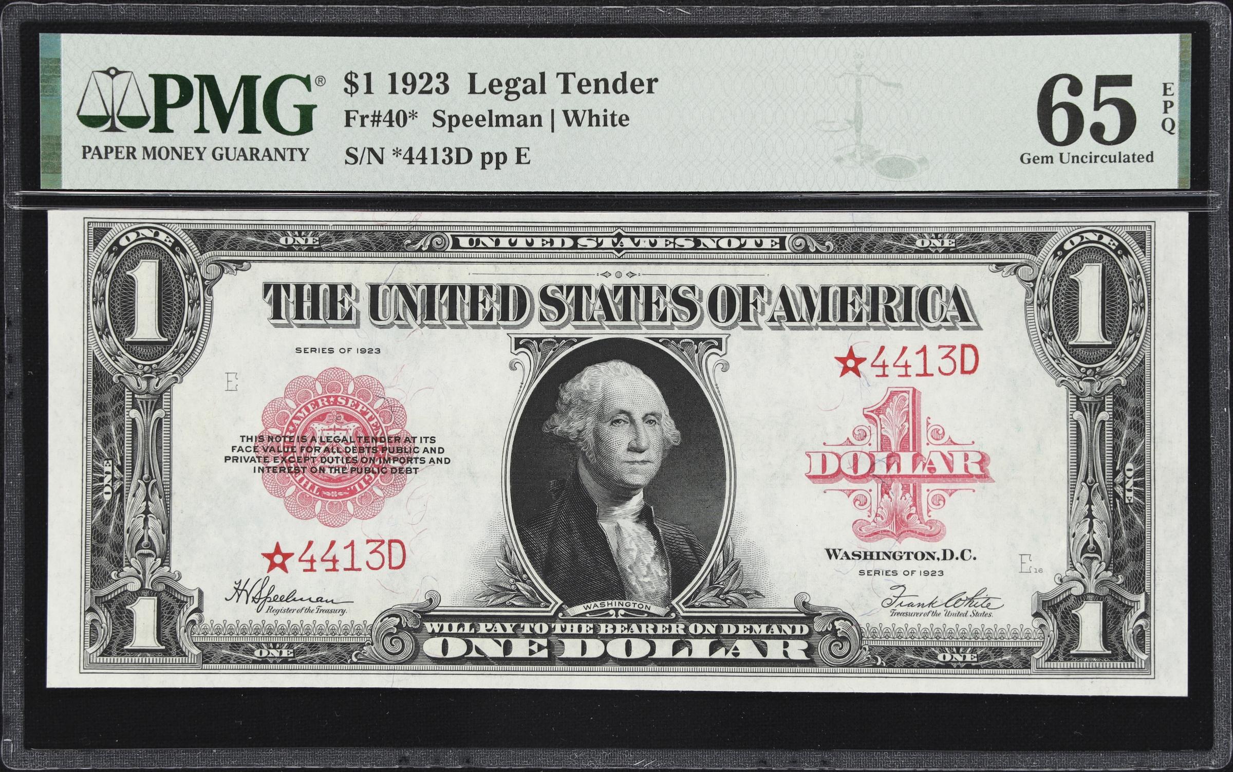 image for: Fr. 40*. 1923 $1 Legal Tender Star Note. PMG Gem Uncirculated 65 EPQ.