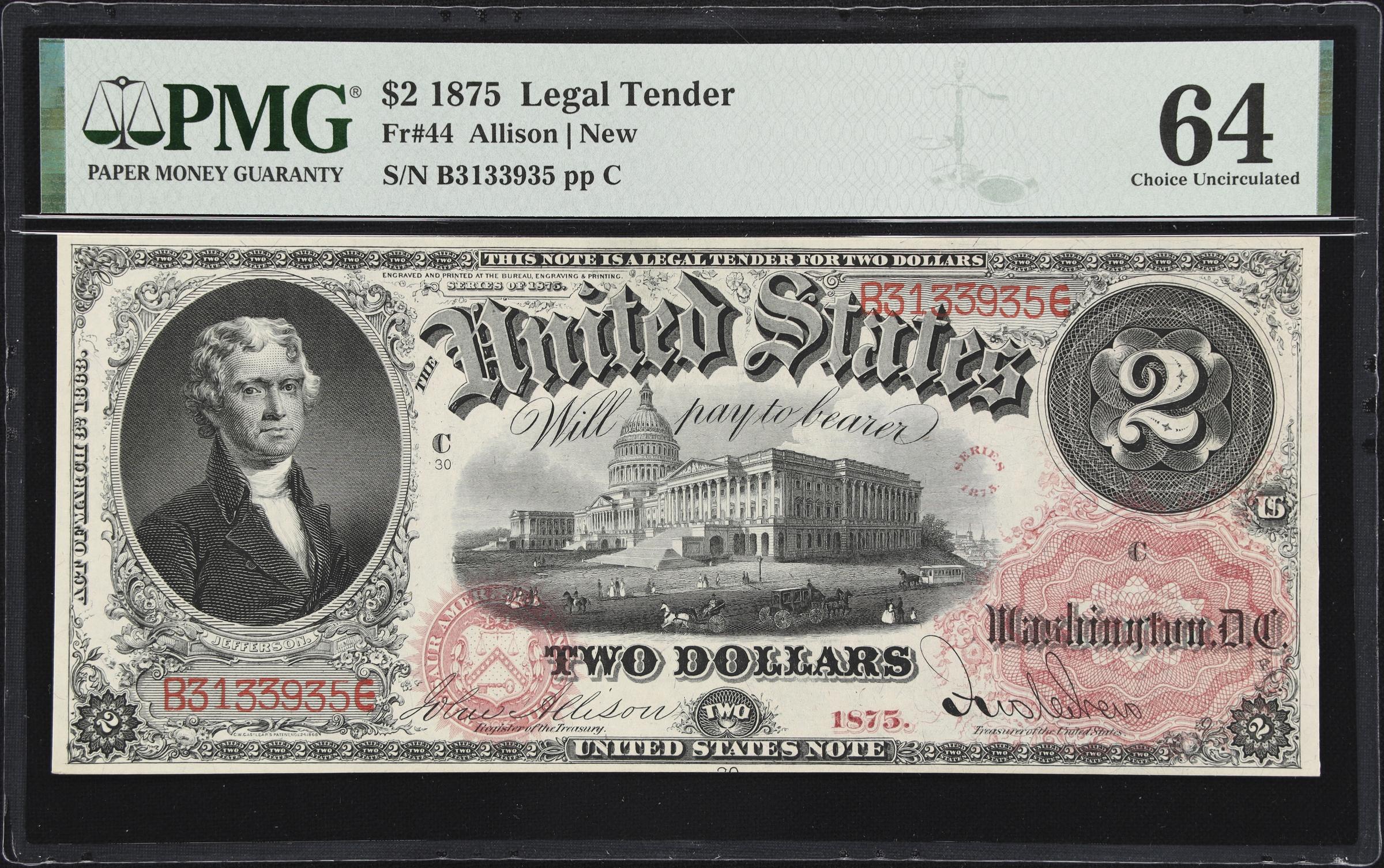 image for: Fr. 44. 1875 $2 Legal Tender Note. PMG Choice Uncirculated 64.
