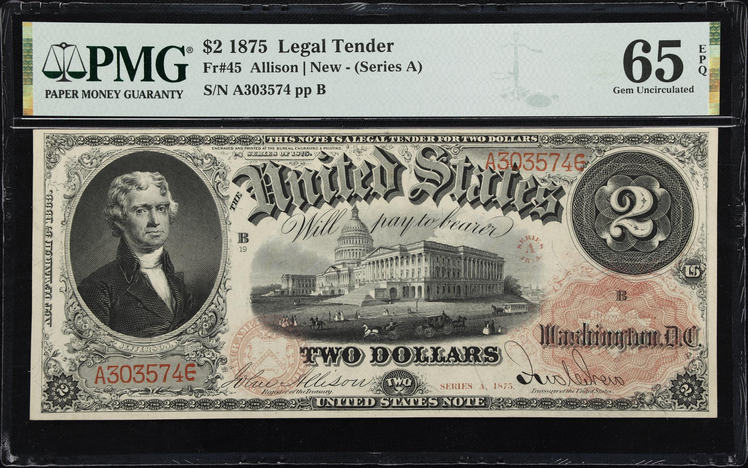 image for: Fr. 45. 1875 $2 Legal Tender Note. PMG Gem Uncirculated 65 EPQ.