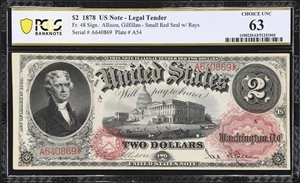 image for: Fr. 48. 1878 $2 Legal Tender Note. PCGS Banknote Choice Uncirculated 63.