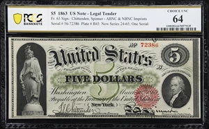 image for: Fr. 63. 1863 $5 Legal Tender Note. PCGS Banknote Choice Uncirculated 64.
