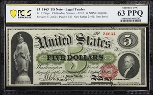 image for: Fr. 63. 1863 $5 Legal Tender Note. PCGS Banknote Choice Uncirculated 63 PPQ.