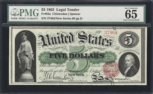 image for: Fr. 63a. 1863 $5 Legal Tender Note. PMG Gem Uncirculated 65.