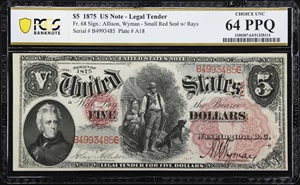 image for: Fr. 68. 1875 $5 Legal Tender Note. PCGS Banknote Choice Uncirculated 64 PPQ.