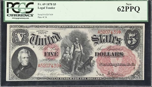 image for: Fr. 69. 1878 $5 Legal Tender Note. PCGS Currency New 62 PPQ.