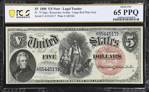image for: Fr. 74. 1880 $5 Legal Tender Note. PCGS Banknote Gem Uncirculated 65 PPQ.