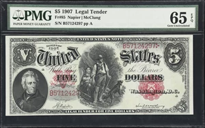 image for: Fr. 85. 1907 $5 Legal Tender Note. PMG Gem Uncirculated 65 EPQ.