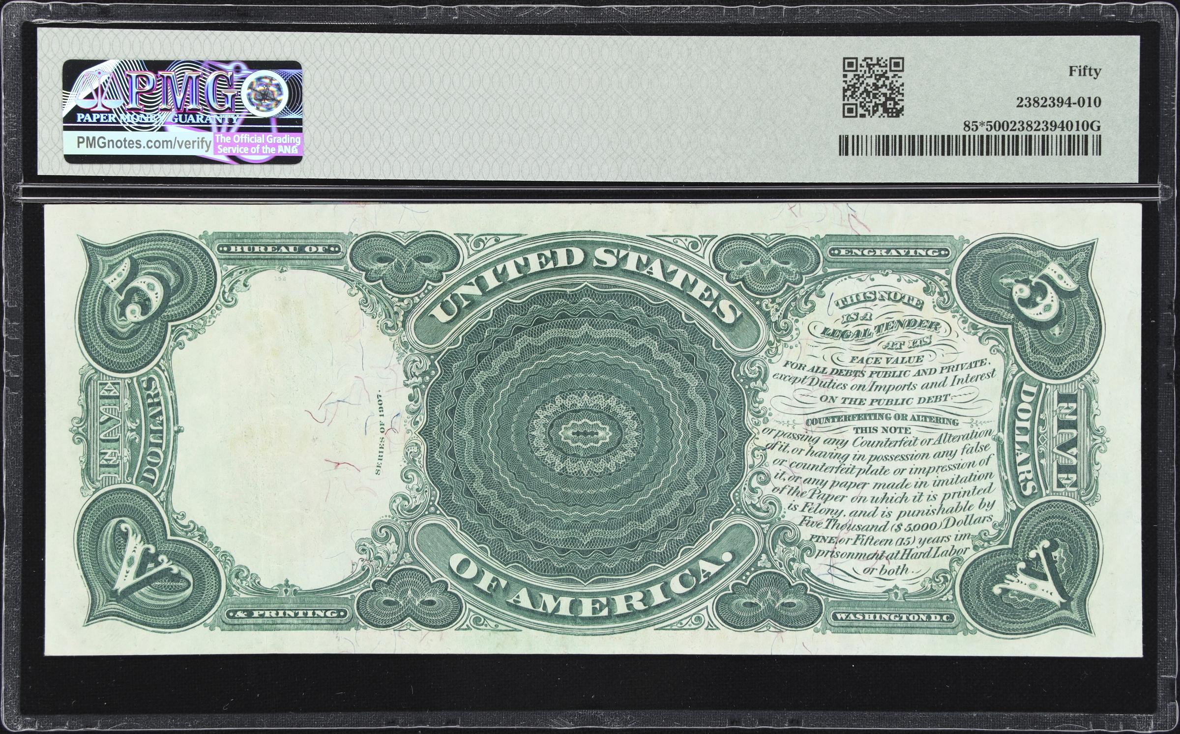 image for: Fr. 85*. 1907 $5 Legal Tender Star Note. PMG About Uncirculated 50.