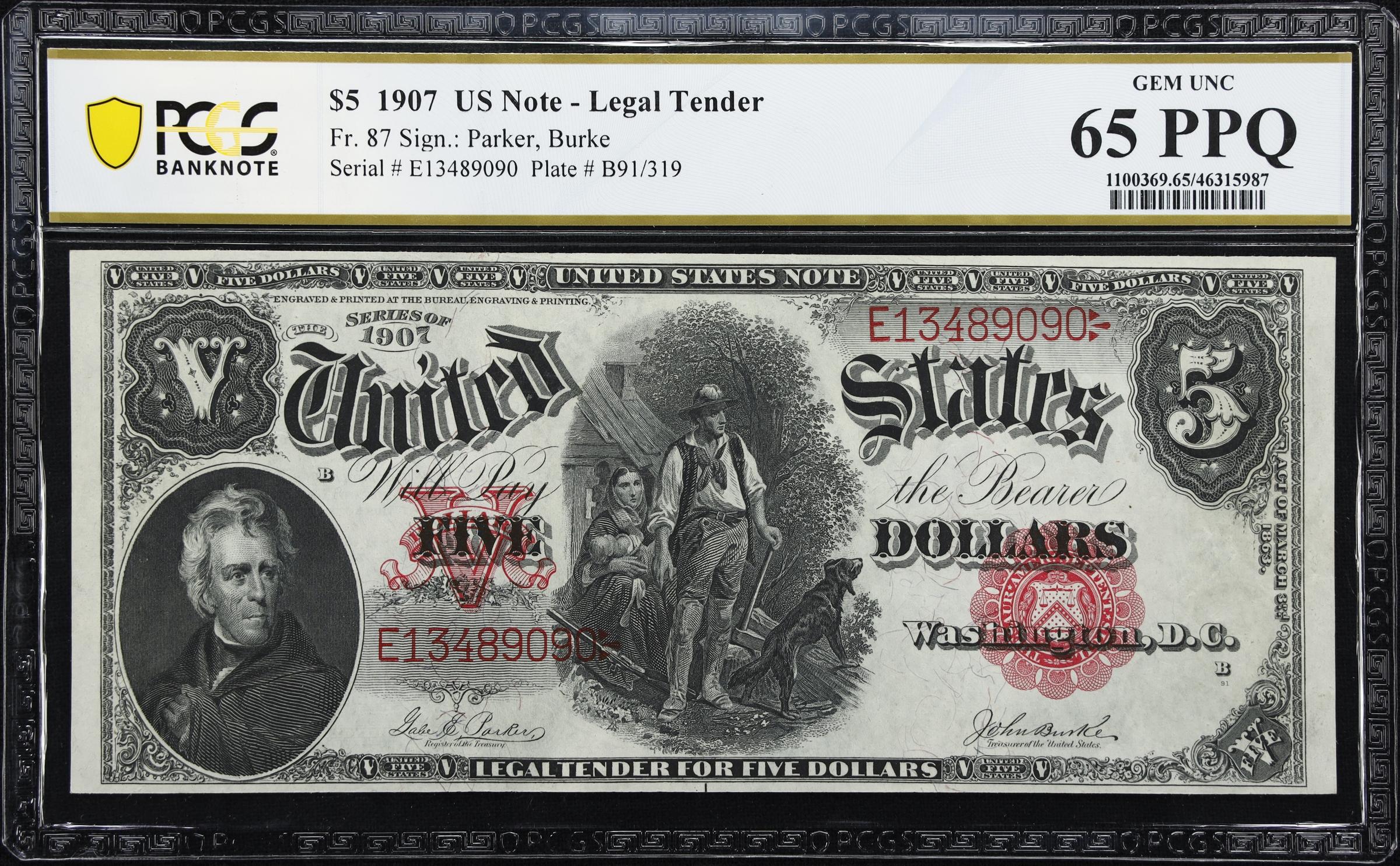 image for: Fr. 87. 1907 $5 Legal Tender Note. PCGS Banknote Gem Uncirculated 65 PPQ.