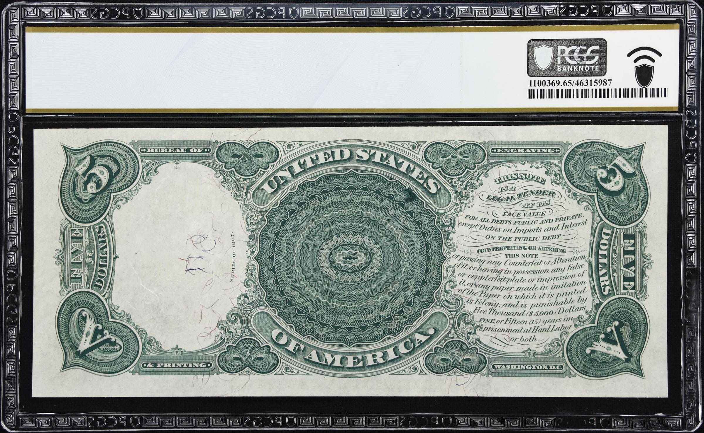 image for: Fr. 87. 1907 $5 Legal Tender Note. PCGS Banknote Gem Uncirculated 65 PPQ.