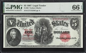 image for: Fr. 88. 1907 $5 Legal Tender Note. PMG Gem Uncirculated 66 EPQ.