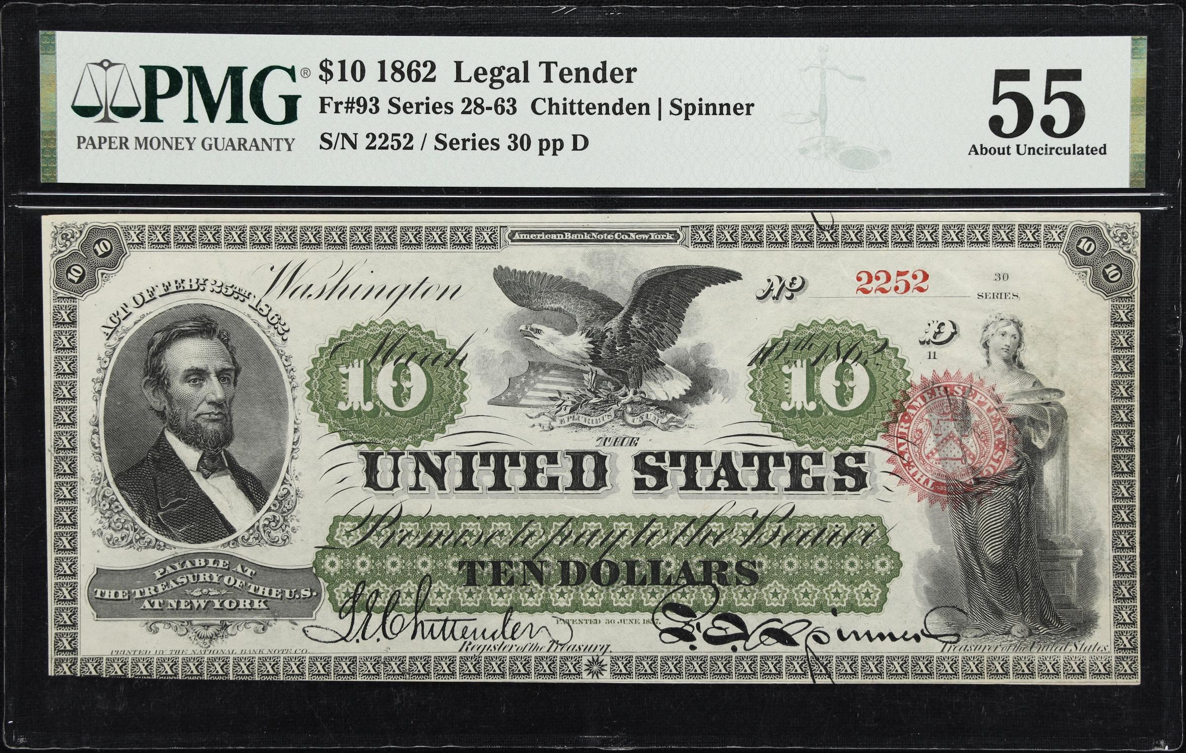 image for: Fr. 93. 1862 $10 Legal Tender Note. PMG About Uncirculated 55.