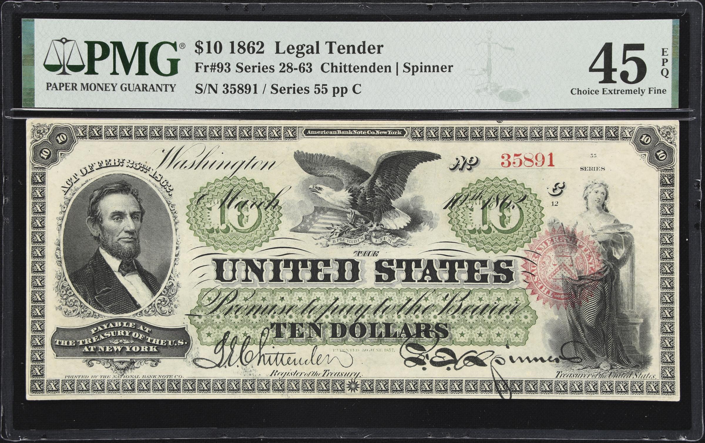 image for: Fr. 93. 1862 $10 Legal Tender Note. PMG Choice Extremely Fine 45 EPQ.