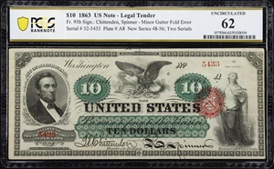 image for: Fr. 95b. 1863 $10 Legal Tender Note. PCGS Banknote Uncirculated 62.
