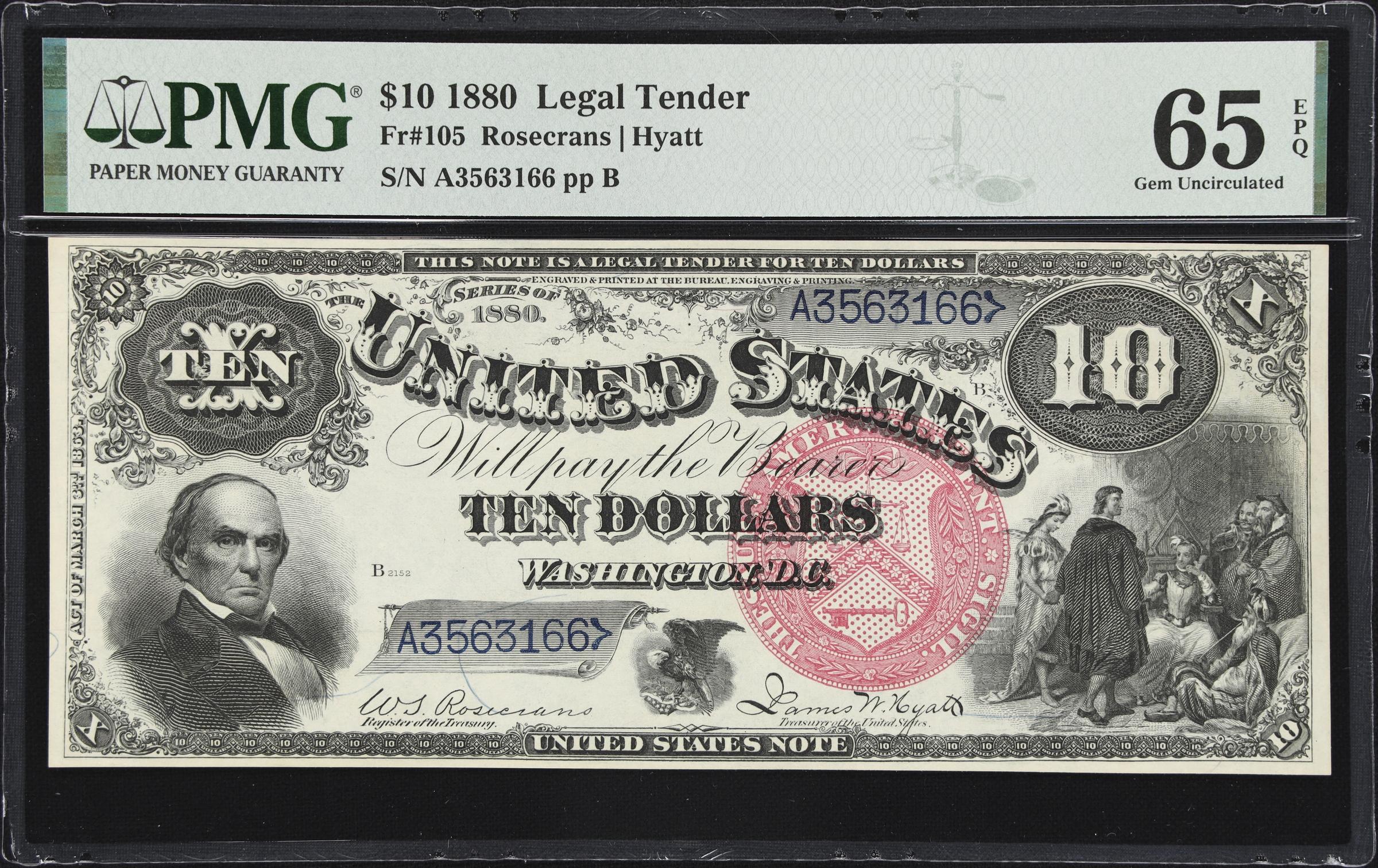 image for: Fr. 105. 1880 $10 Legal Tender Note. PMG Gem Uncirculated 65 EPQ.