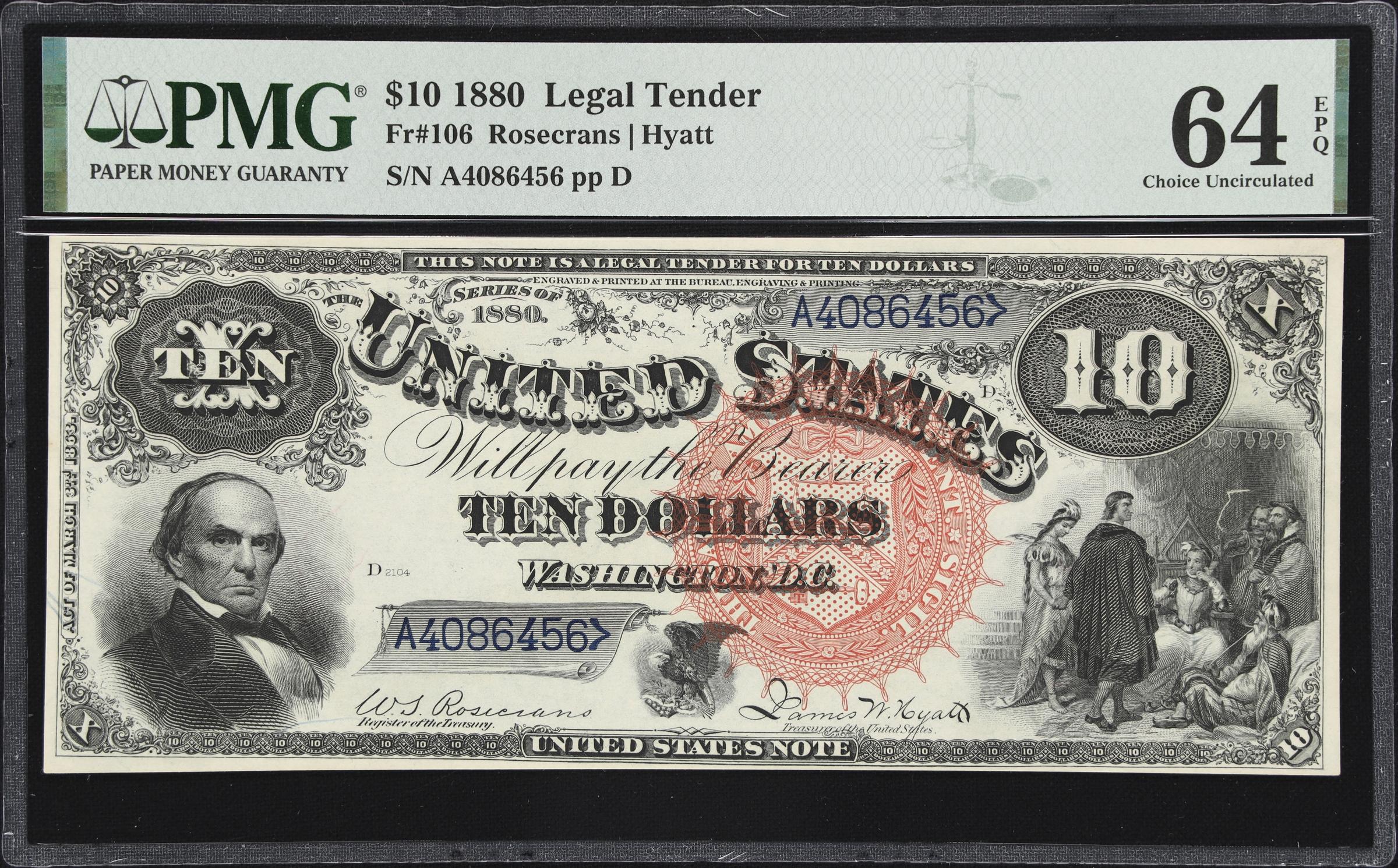 image for: Fr. 106. 1880 $10 Legal Tender Note. PMG Choice Uncirculated 64 EPQ.