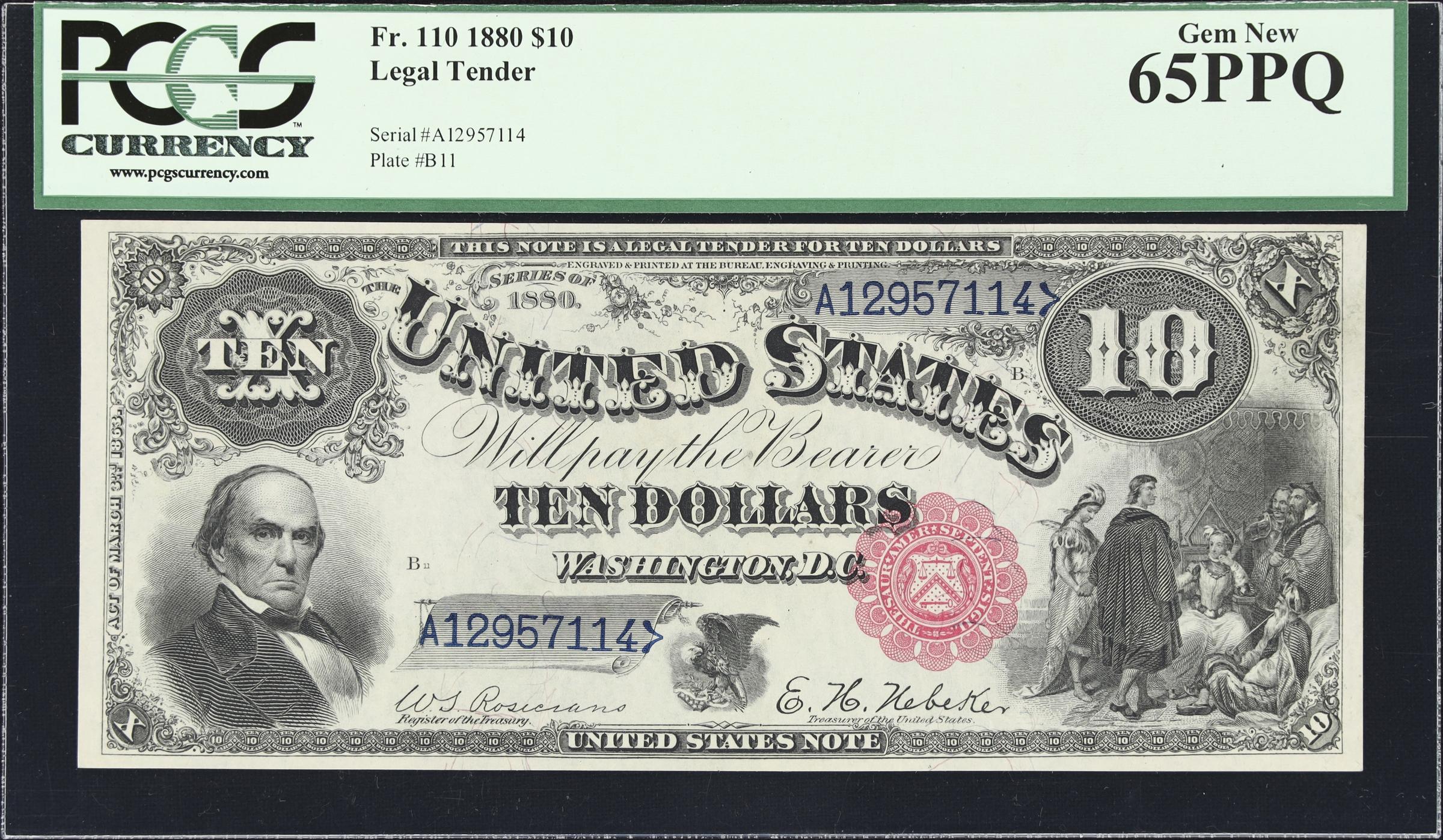 image for: Fr. 110. 1880 $10 Legal Tender Note. PCGS Currency Gem New 65 PPQ.