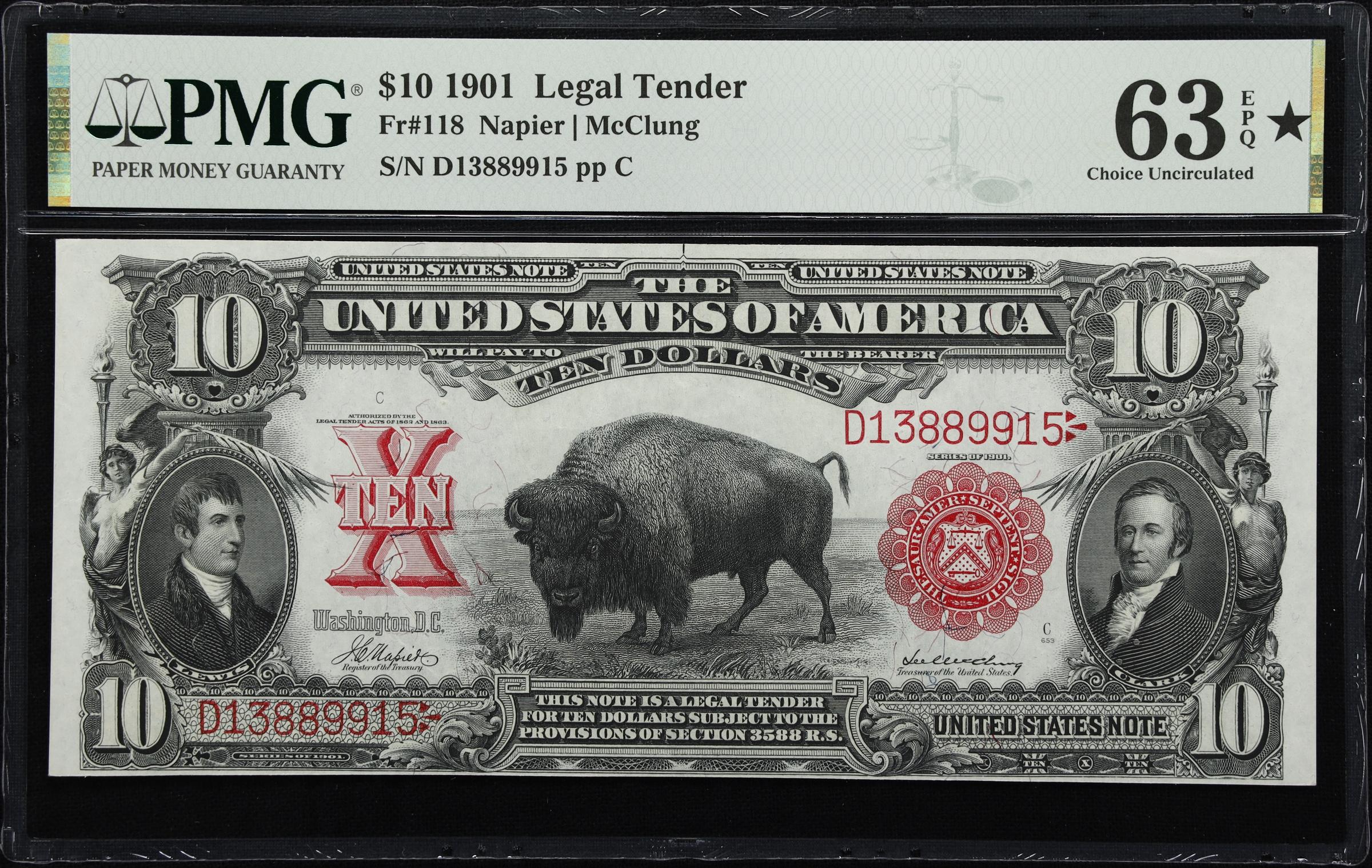 image for: Fr. 118. 1901 $10 Legal Tender Note. PMG Choice Uncirculated 63 EPQ*.