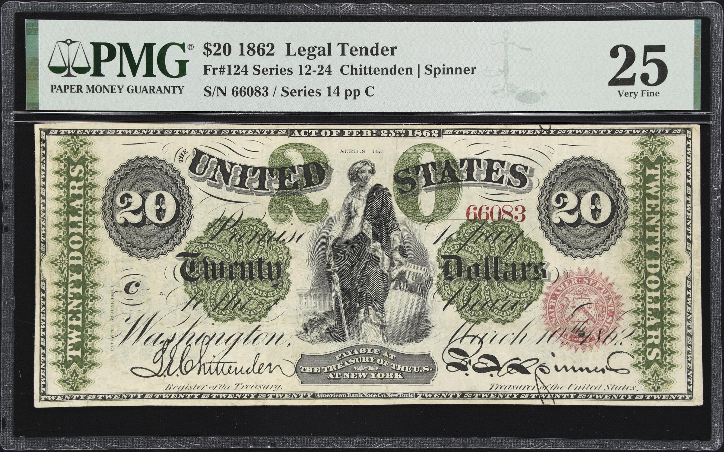 image for: Fr. 124. 1862 $20 Legal Tender Note. PMG Very Fine 25.