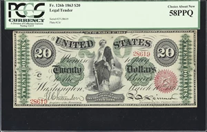 image for: Fr. 126b. 1863 $20 Legal Tender Note. PCGS Currency Choice About New 58 PPQ.