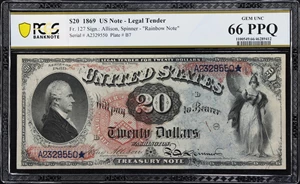 image for: Fr. 127. 1869 $20 Legal Tender Note. PCGS Banknote Gem Uncirculated 66 PPQ.