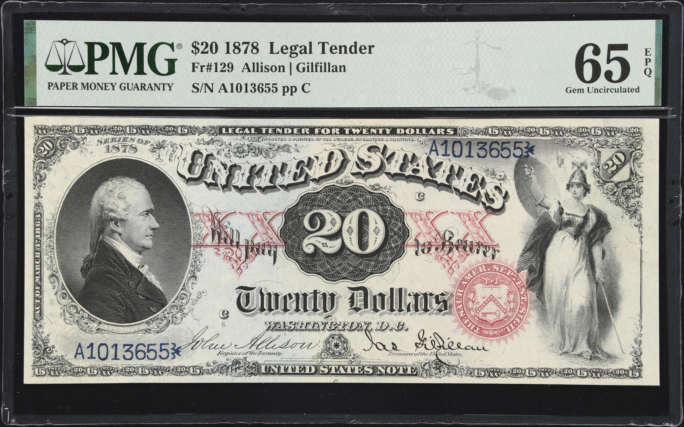 image for: Fr. 129. 1878 $20 Legal Tender Note. PMG Gem Uncirculated 65 EPQ.