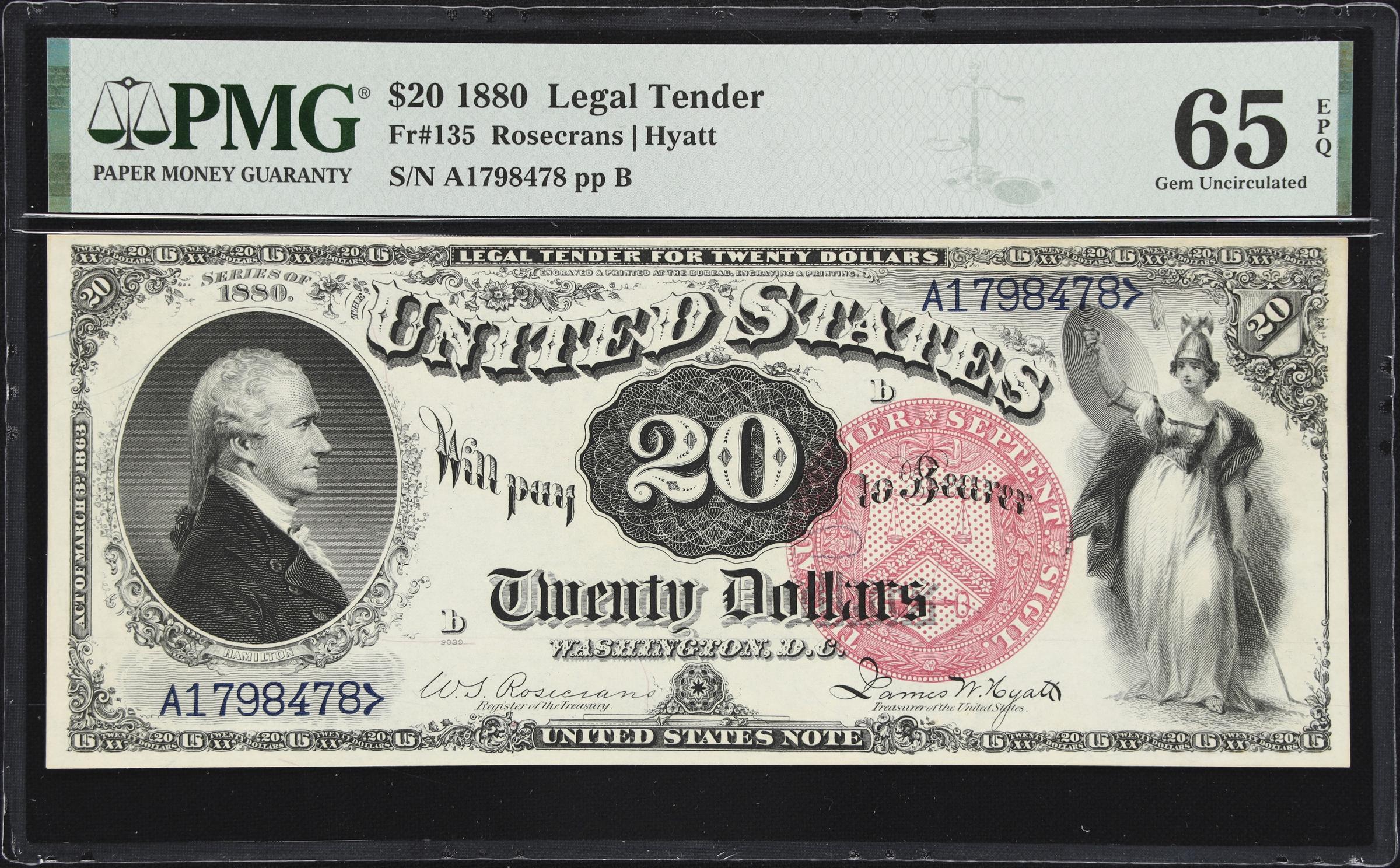 image for: Fr. 135. 1880 $20 Legal Tender Note. PMG Gem Uncirculated 65 EPQ.