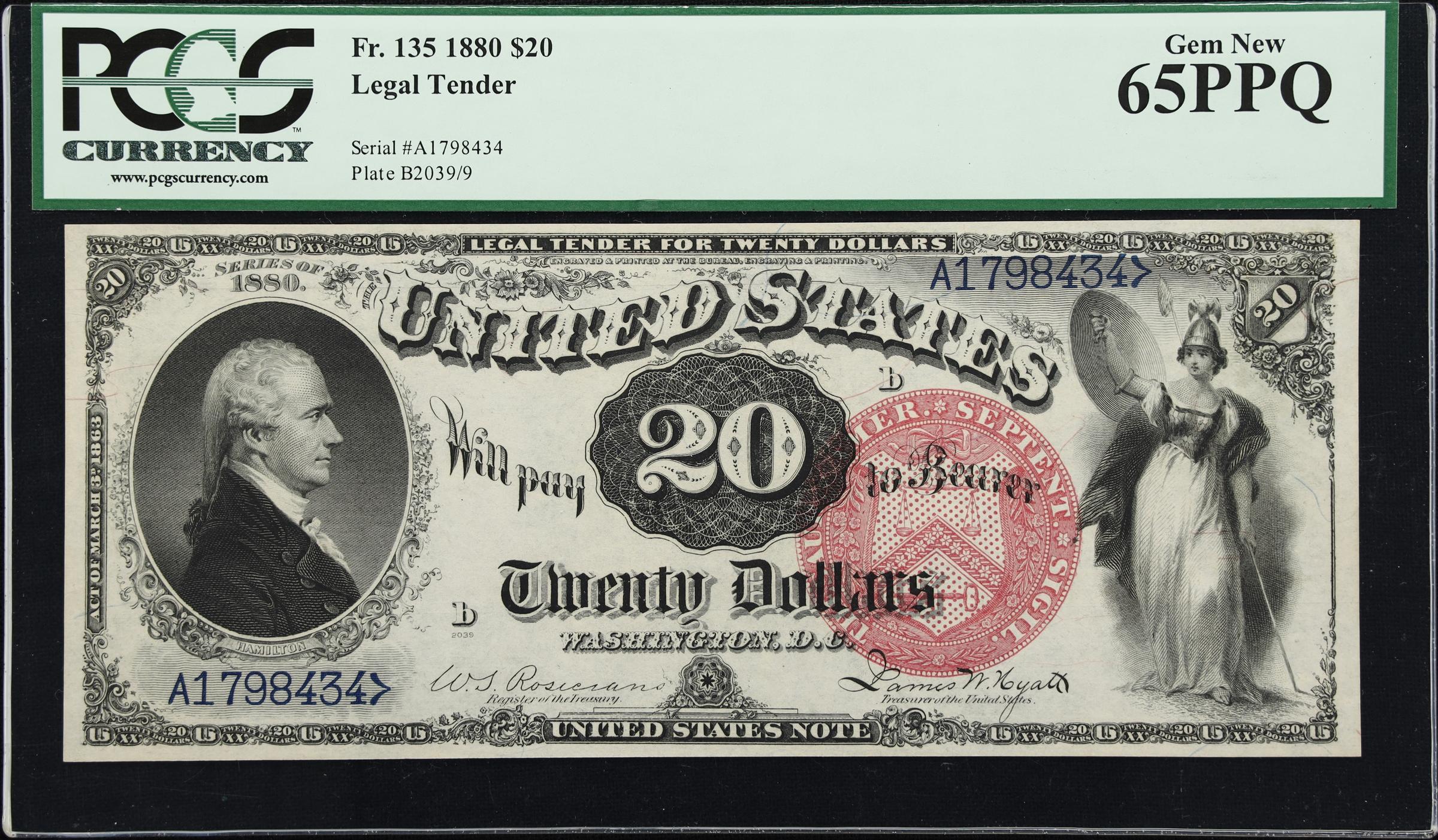 image for: Fr. 135. 1880 $20 Legal Tender Note. PCGS Currency Gem New 65 PPQ.